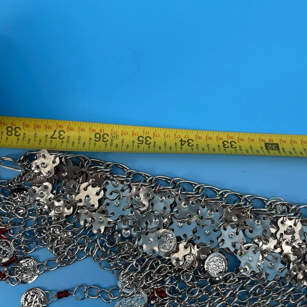 Vintage Belly Dance Hip Scarf Silver Tone Chain Mesh Red Blue Beaded Fringe